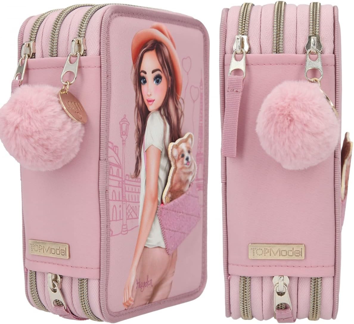 Depesche 12001 TOPModel Corgi - Filled 3-Compartment Pencil Case in Pink with Model Motif and Small Corgi, Pencil Case with Colouring Pencils, Ruler, Scissors and Much More, Pink, playful