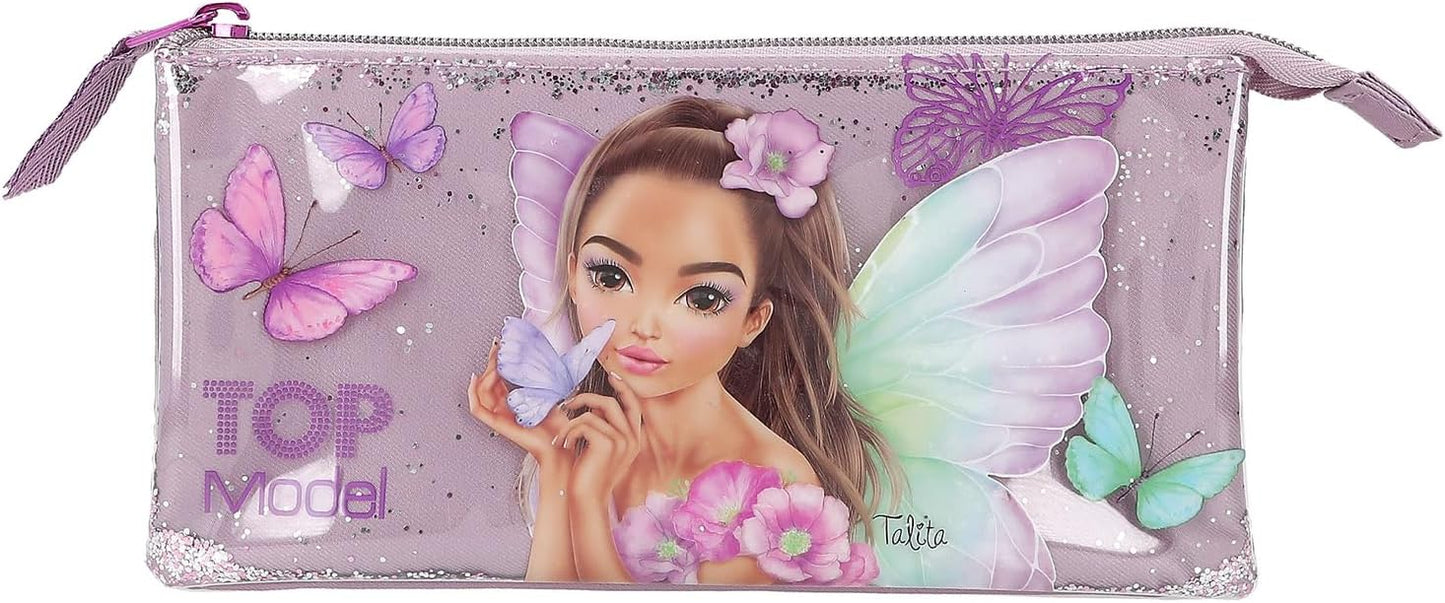 Depesche TOPModel Fairy Love 12782 Pencil Case in Mauve with Model Motif and Butterflies, Pencil Case with 3 Zip Compartments, Pink, Backpack