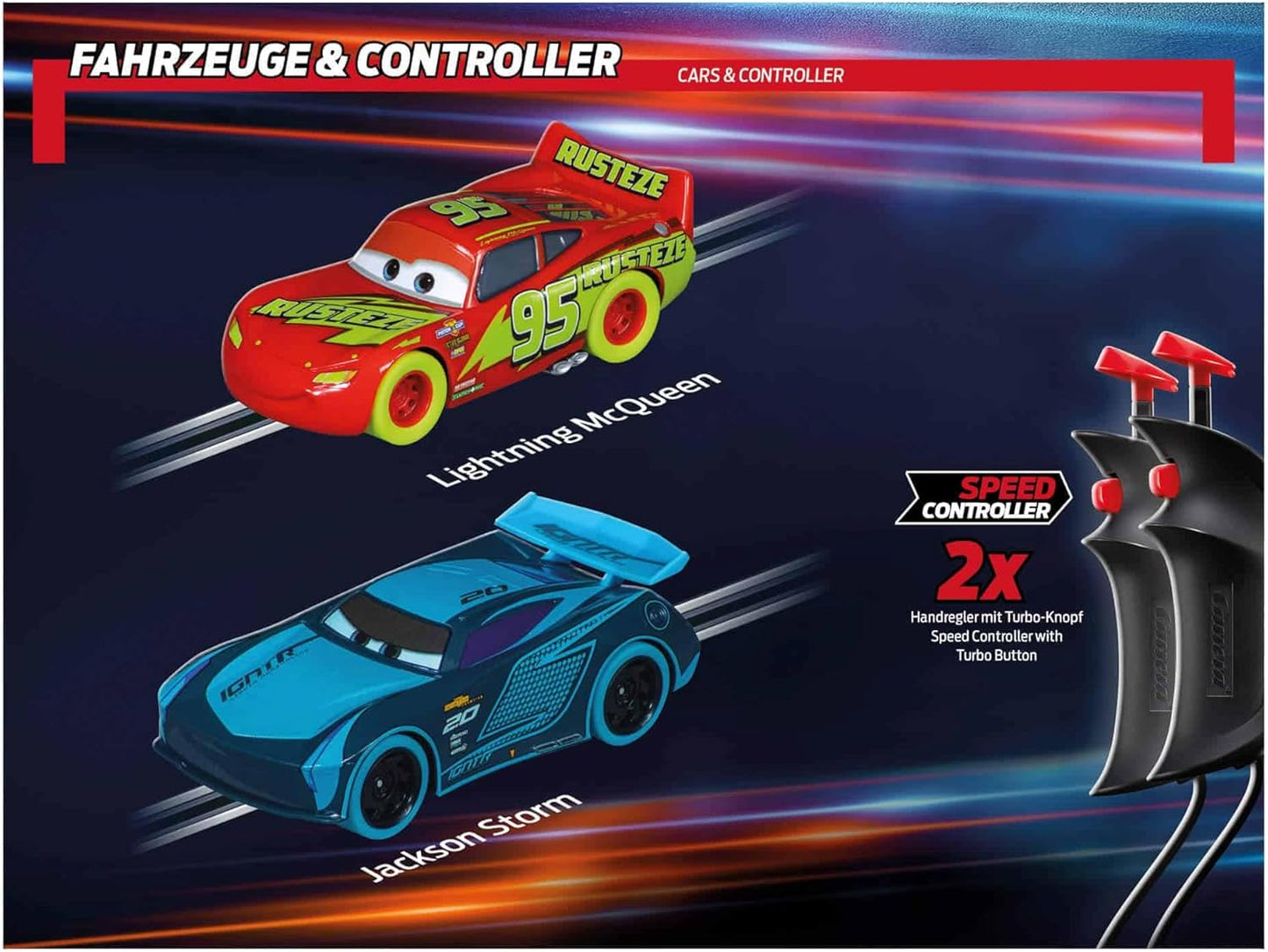 Carrera - 20062559 - Disney Cars Glow Racers I Classic Race Track with Disney Colours I 24 Metre Track Ergonomically Shaped Hand Controls I Perfect I With Spinning Top for Extra Fun