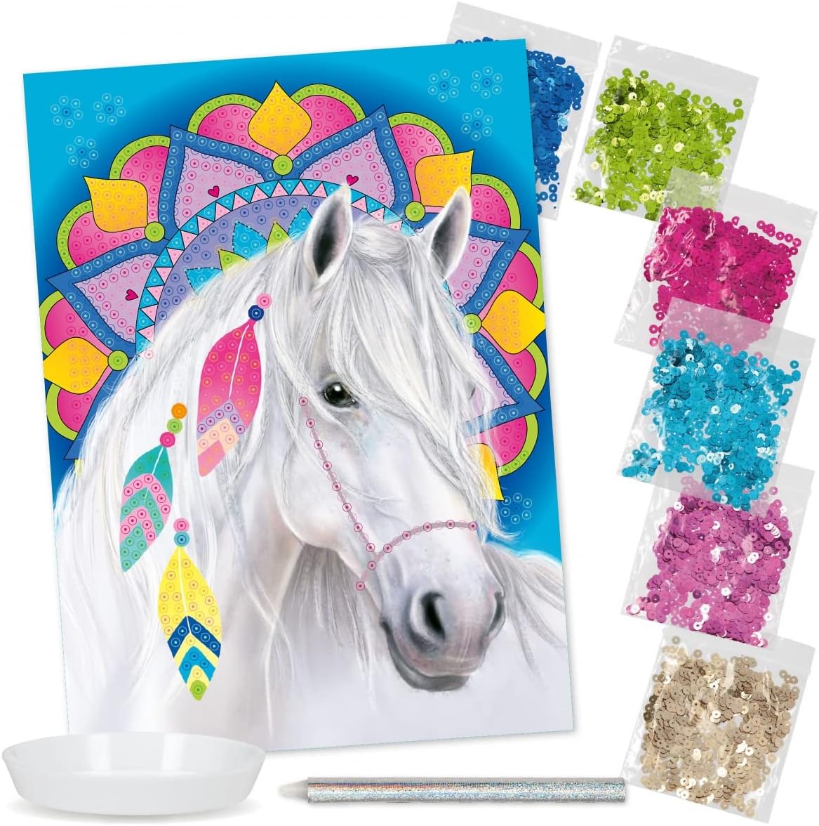 Depesche 11658 Miss Melody Create Your Diamond - Picture Template with Horse Motif and Mandala Background to Design, Diamond Painting Set Including Glitter Stones, Bowl and Applicator