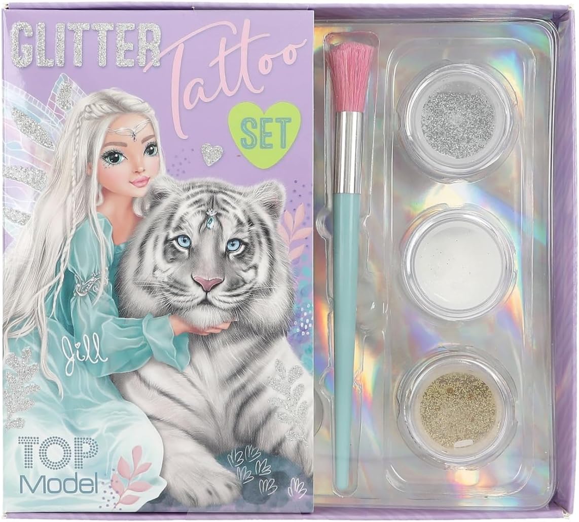 Depesche TOPModel Fantasy Tiger 12518 Glitter Tattoo Set for Children with 30 Adhesive Tattoos, 1 Brush and 3 Glitter Powders in Silver, White and Gold