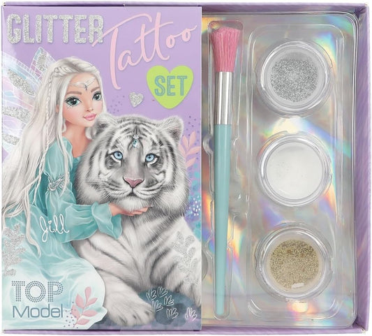 Depesche TOPModel Fantasy Tiger 12518 Glitter Tattoo Set for Children with 30 Adhesive Tattoos, 1 Brush and 3 Glitter Powders in Silver, White and Gold