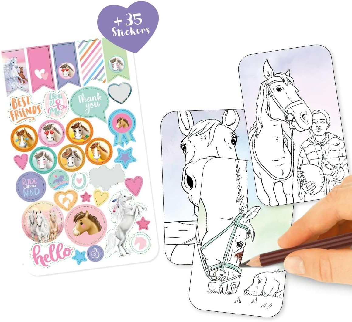 Depesche Miss Melody 12490 Selfie Colouring Book with Funny Horse Motifs, 30 Pages, Colouring Book with Stickers