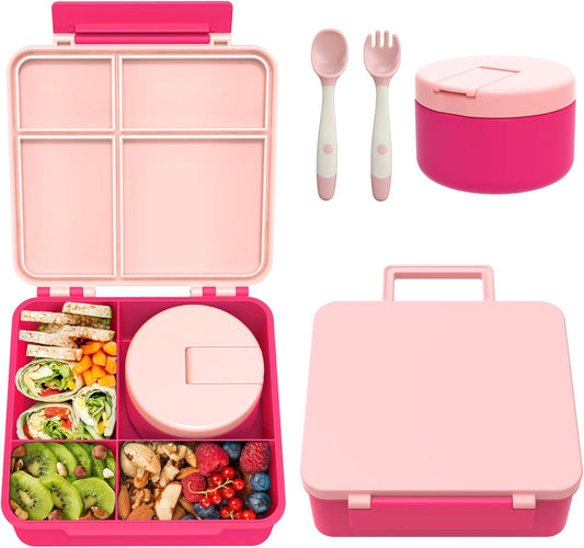 Children's Lunch Box Set with 300 ml Thermal Container for Food, Leak-Proof Lunch Box Children with 4 Compartments, Insulated Lunch Bag, BPA-Free Thermal Lunch Box Children, School, Excursions, Pink