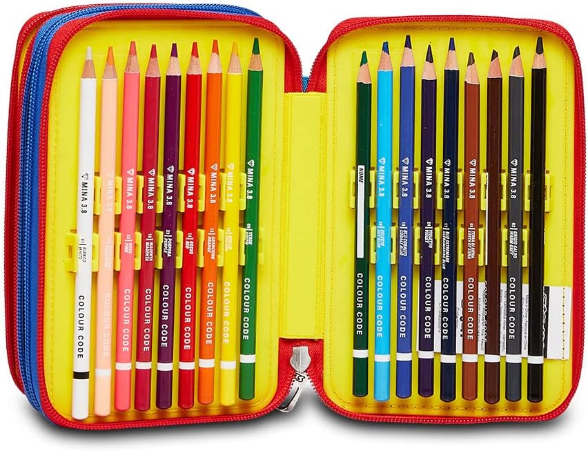 Seven Pencil Case, Multicoloured, Pencil Case for Stationery, Pencil Case with Pens, Ballpoint Pens, & More, 3 Compartments, Girls & Boys, School - Elementary School, XXL, Red/Blue, multicoloured,