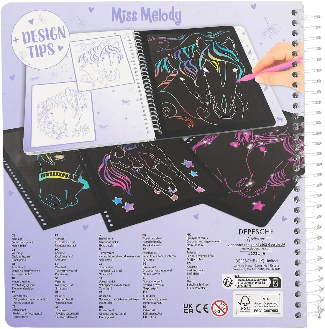 Depesche 12731 Miss Melody Magic Scratch Book with 20 Pages of Fantastic Scratch Motifs, Book with Colourful Gradient and Scratch Pen, Black