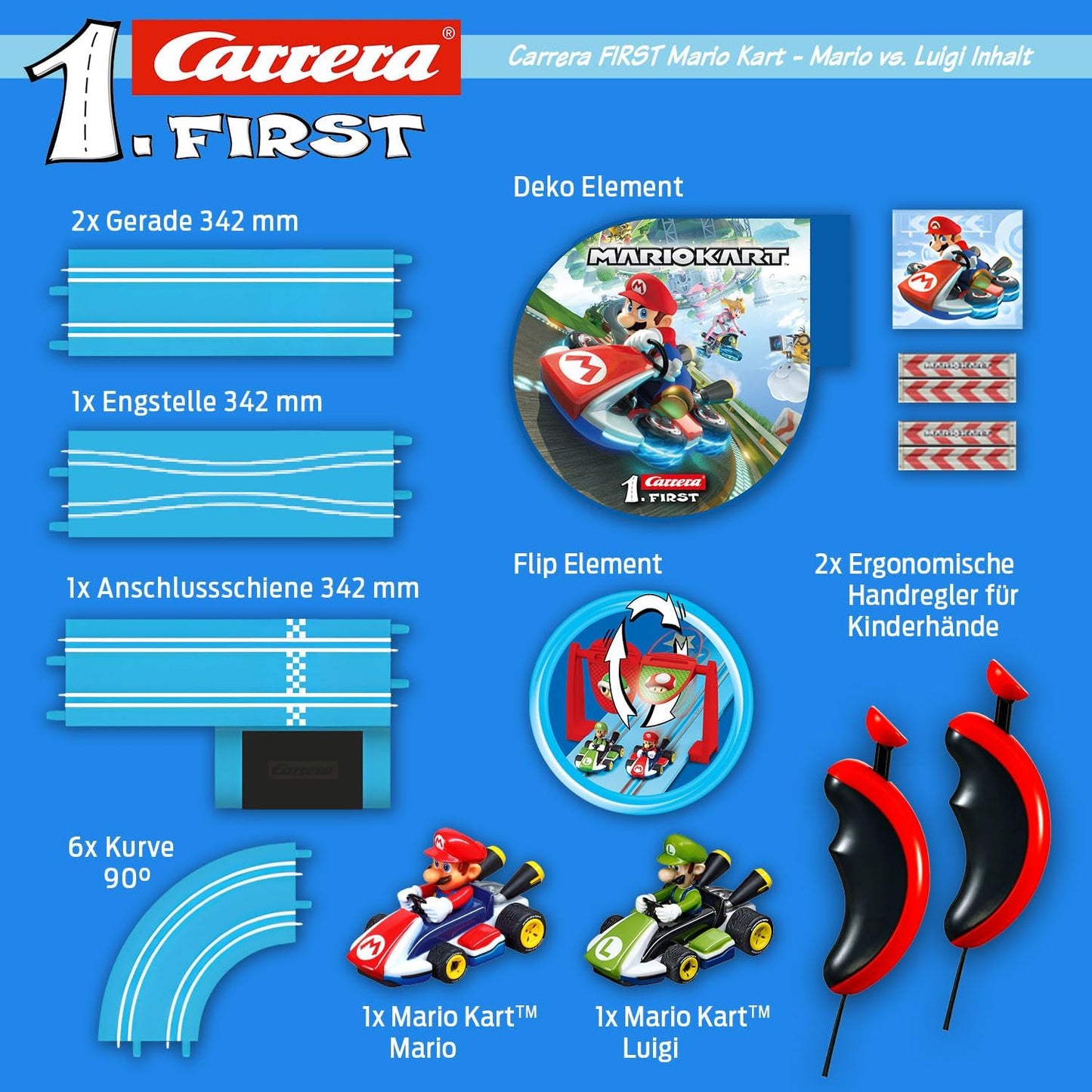 Carrera FIRST Mario Kart™ Racetrack, Super Mario™ vs. Luigi Flip Elements, 2.9 m Race Track, from 3 Years, Battery Operated