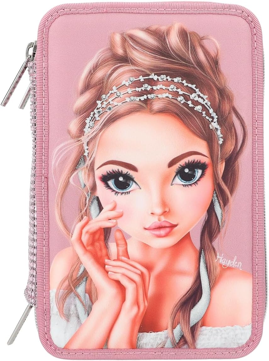 Depesche 12522 TOPModel Glitter Queen - Filled 3-Compartment Pencil Case with Rhinestones on the Front and Decorated Back, Pencil Case with Coloured Pencils, Ruler, Scissors and much more