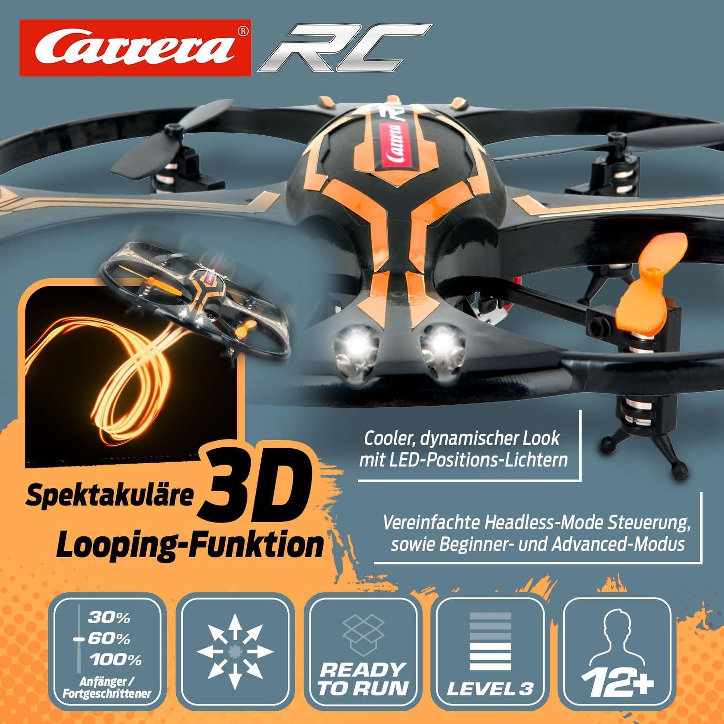 Carrera RC Quadcopter X2 Drone | With Flashing LED Position Lights | 3D Looping Function | Auto Start & Landing Function | 17.6 cm Length | Ages 12+ | Beginner & Advanced Mode