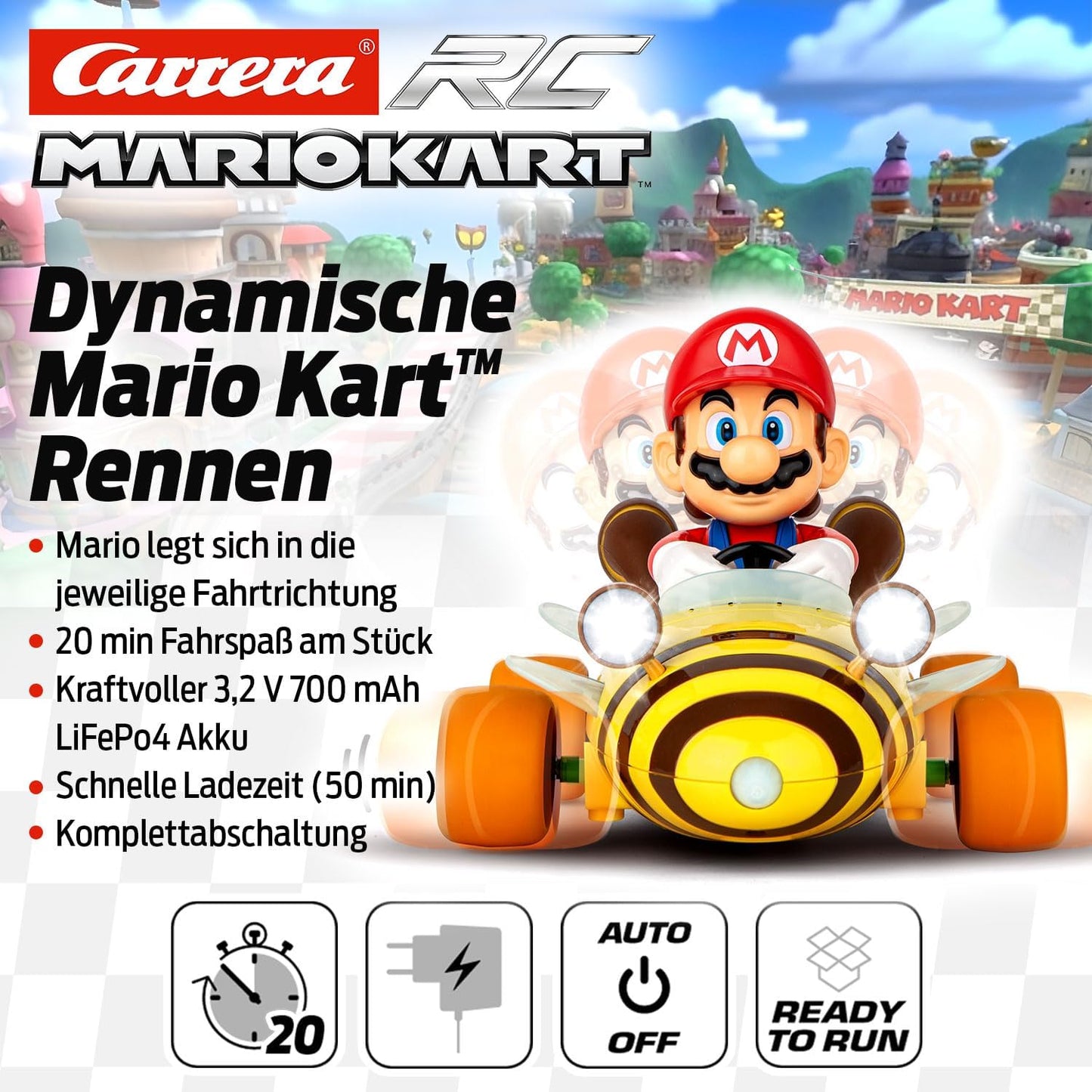 Carrera RC Mario Kart™ Bumble V, Mario Remote Controlled Car, Turbo Mushroom, Up to 9 km/h, Luminous Headlights, Interference-Free 2.4 GHz Radio Technology, from 6 Years, Action in the Living Room