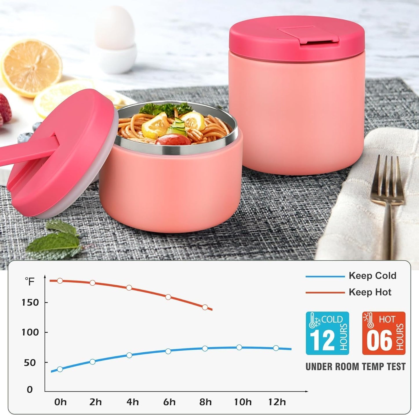 Itslife Thermal Food Container, 560 ml, Stainless Steel Warming Container, Children's Leak-proof Lunch Container with Buckle Cover, Wide Neck, Insulation, Suitable for Cold and Hot Food, Pink