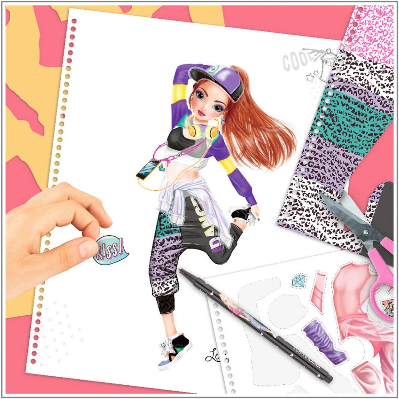 Depesche TOPModel 11453 Colouring Book Dance, Cool Dance Outfits to Design Yourself, 30 Pre-Drawn Figures, 3 Stencils, 2 Sticker Sheets and 8 Fabric Prints for Cutting Out