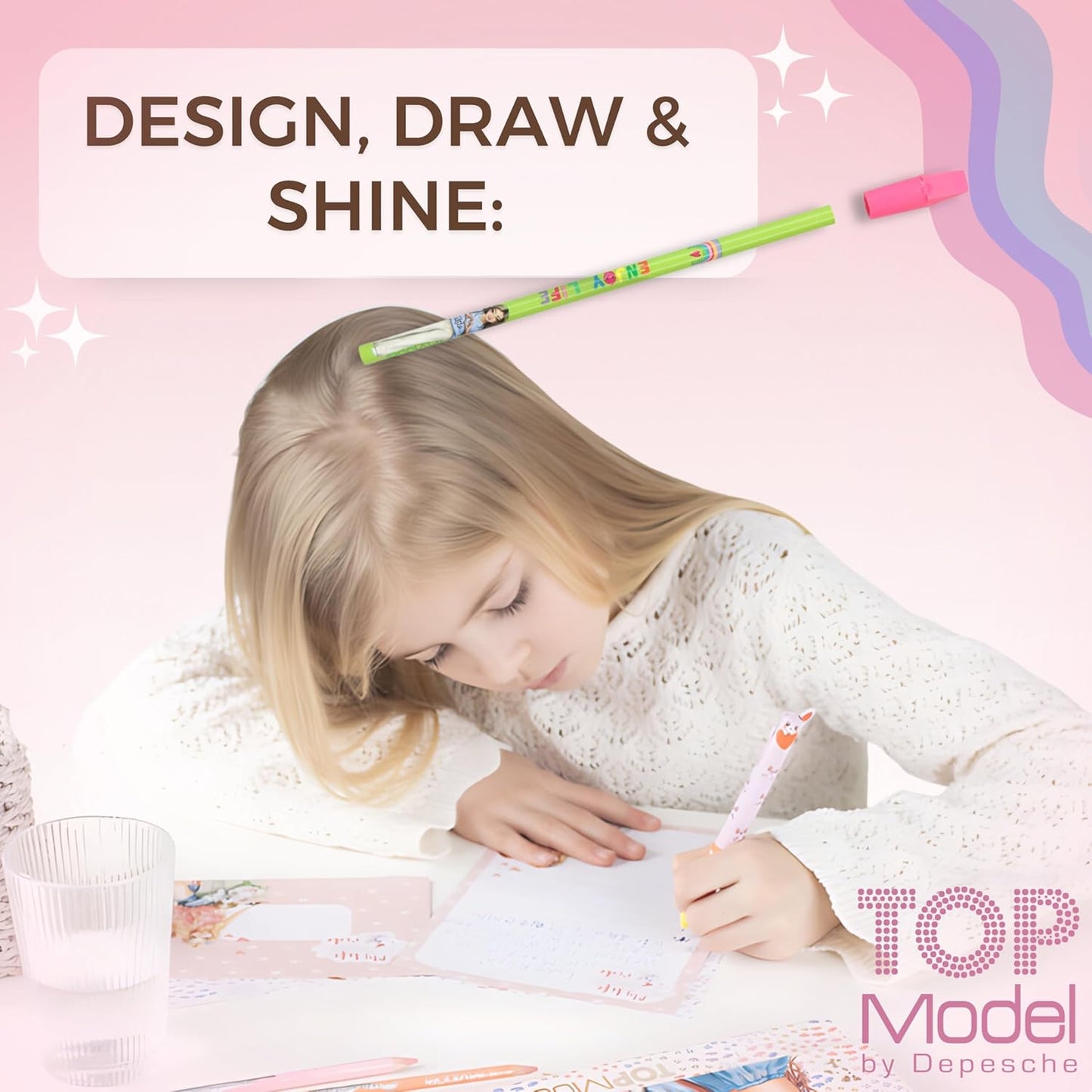 TOPModel Selflove Pencil Set with Eraser Topper and the TOPModel T-Shirt Designer Colouring Book - Your Perfect Duo for Creative Designs and Fashion Ideas