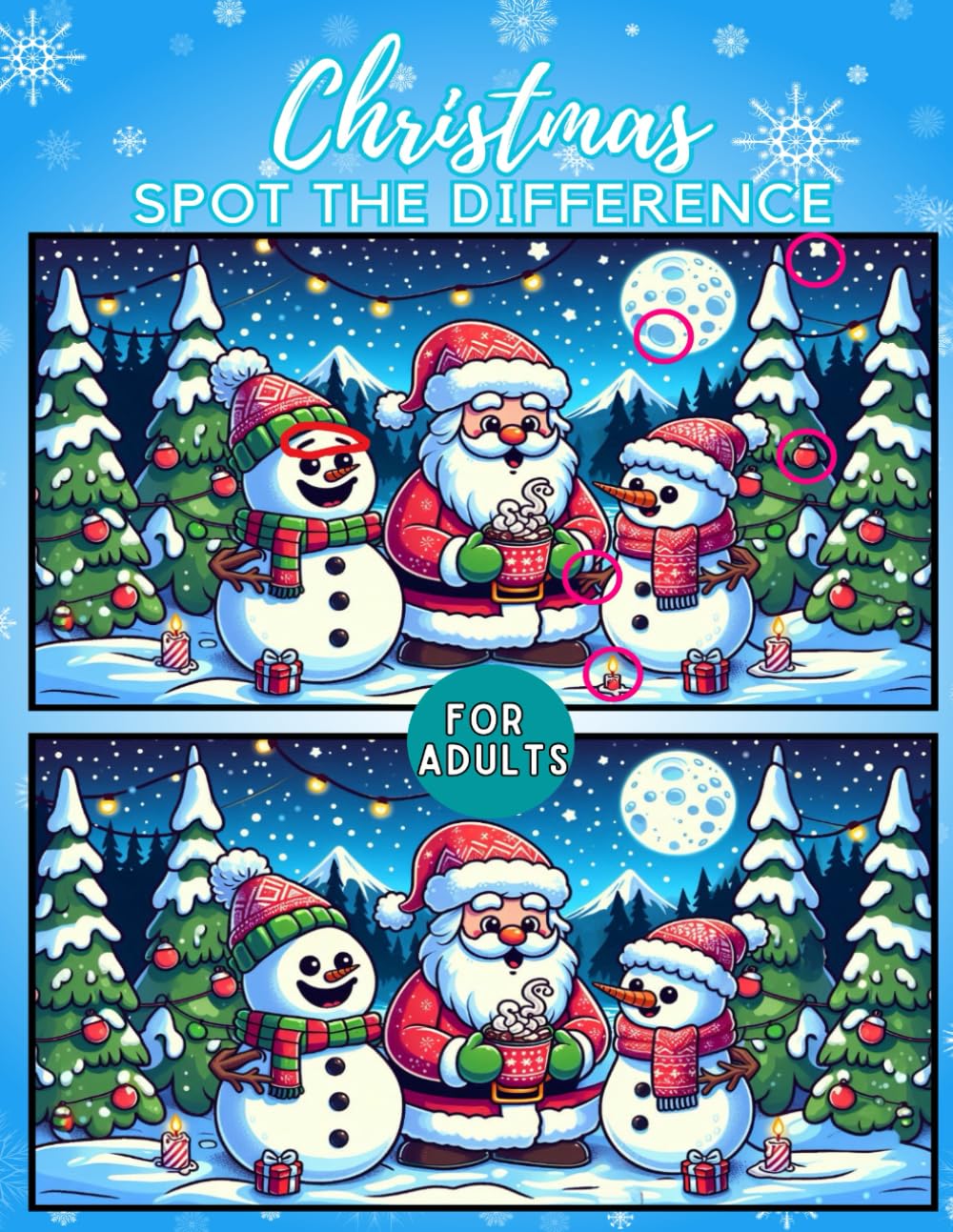 Christmas Spot the Difference Book for Adults: 44 Activity Search and Find the Hidden Christmas Object Picture Puzzles with 264 Differences to Find in Full Color for Holiday Relaxation.