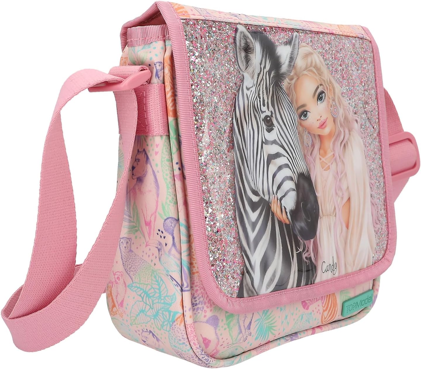 Depesche TOPModel Wild 12789 Small Shoulder Bag in Pink with Model Motif and Colourful Animal Pattern, Bag with Adjustable Shoulder Strap and Front Flap