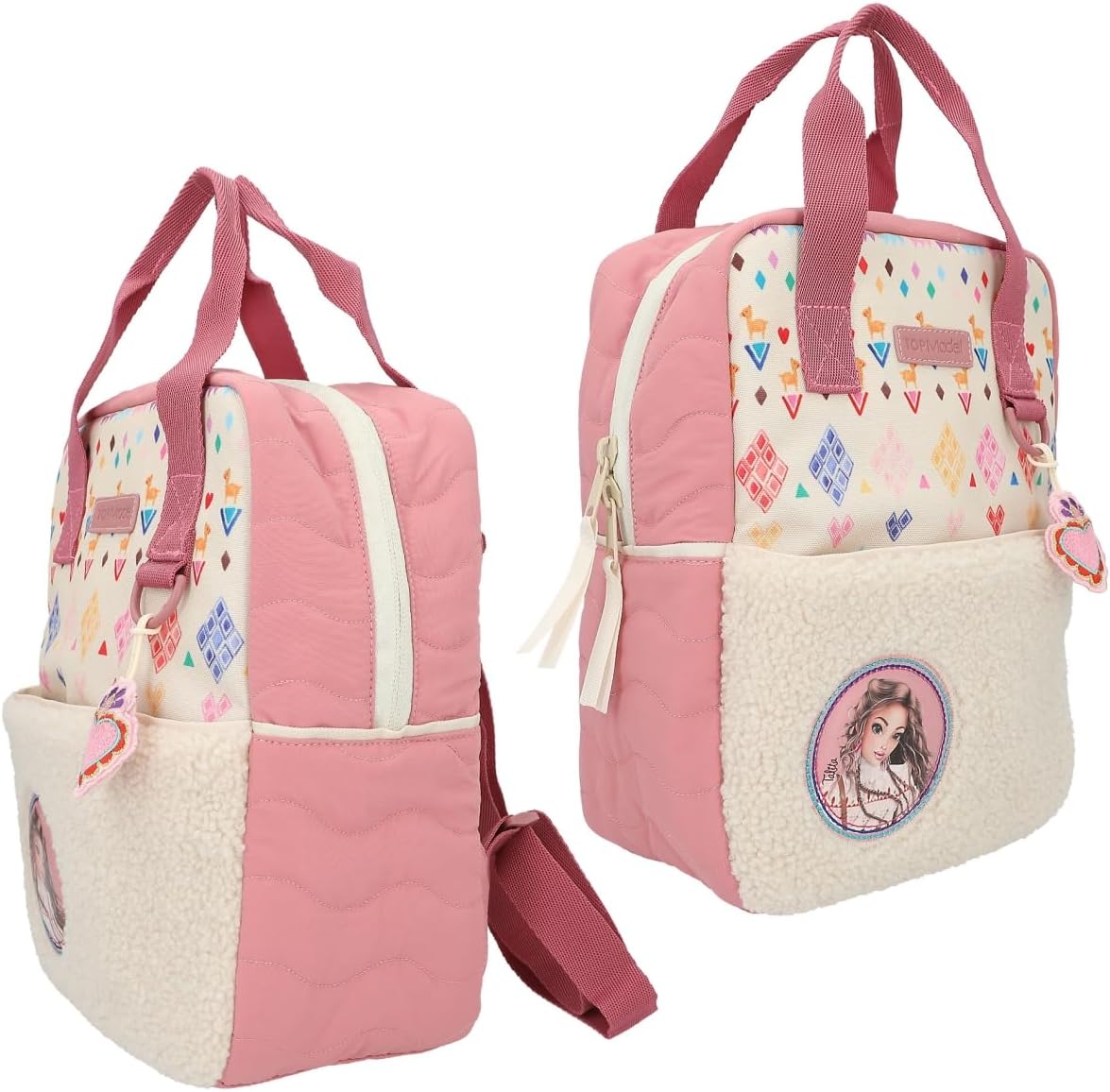 Depesche 12586 TOPModel Cosy Backpack with Plush, Colourful Heart Pendant, Quilted Details and Pocket with Zip, White