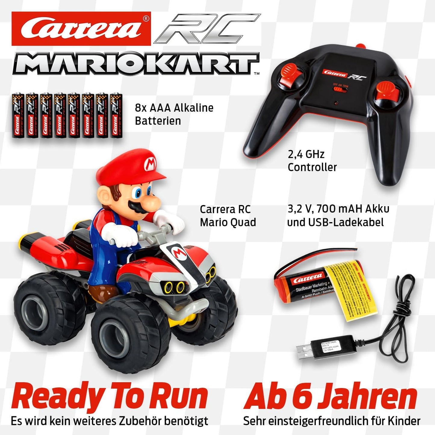 Carrera Mario Kart™, Mario Quad Remote Controlled Car, Carrera RC, Offroad Slope Action, Scale 1:20, Original Nintendo Licence, Up to 9 km/h, 30 min Driving Time, Rechargeable Battery