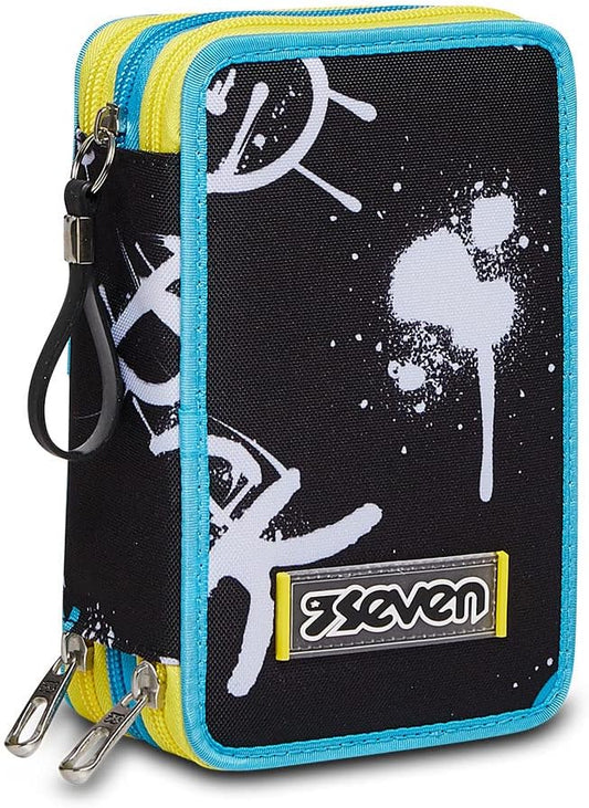 Seven Pencil Case, Multicoloured, Pencil Case for Stationery, Case with Pens, Ballpoint Pens, & More, 3 Compartments, Girls & Boys, School - Primary School, XXL, Abstract Graffity Boy, black, School