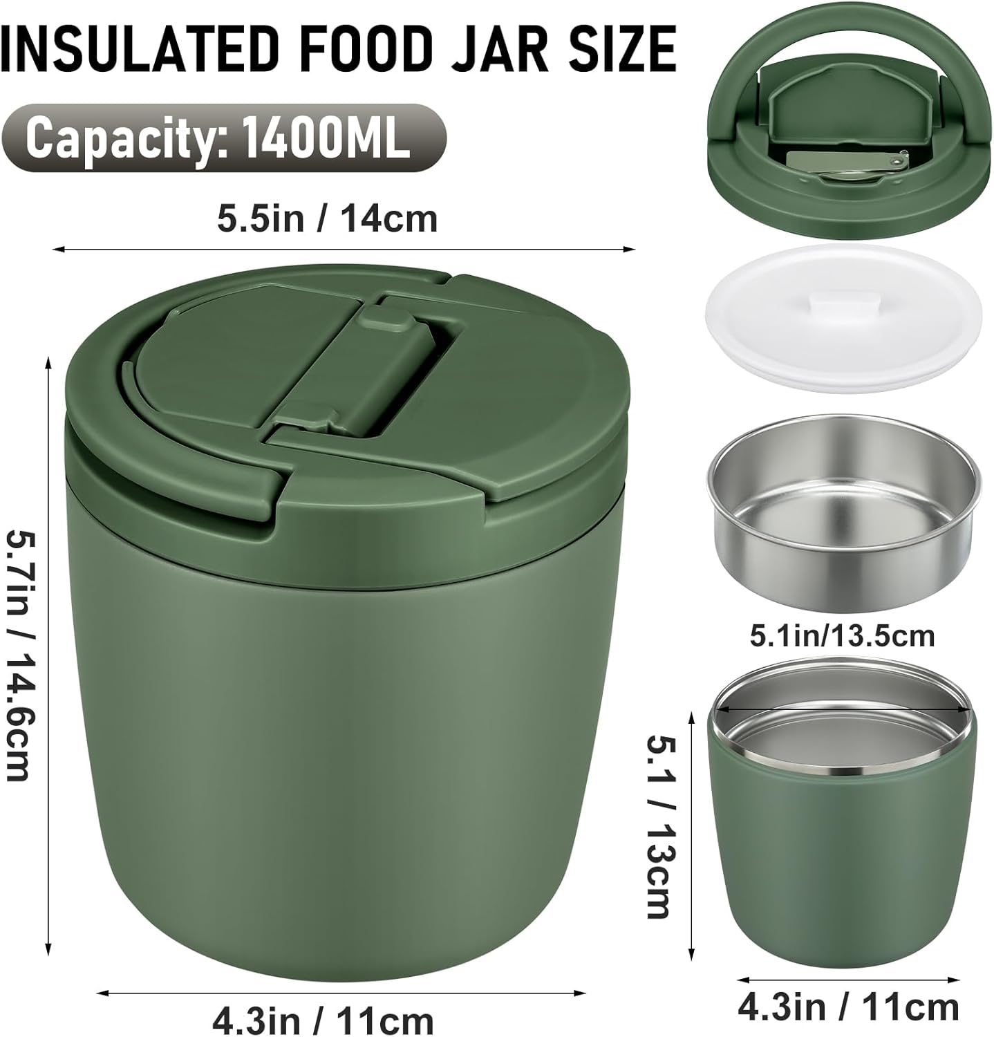 Thermal Food Container, 1400 ml, Stainless Steel Thermal Bowl with Lid, Thermal Lunch Box with Buckle Lid and Spoon, Food Warming Container, Leak-Proof for Soups, Porridge, Baby Porridge, Green