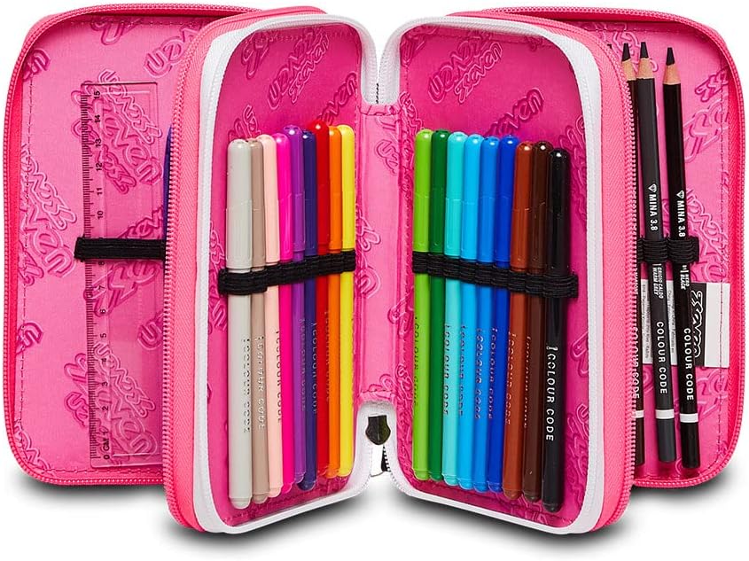 Seven Pencil Case, Multicoloured, Pencil Case for Stationery, Case with Pens, Ballpoint Pens, & More, 3 Compartments, Girls & Boys, School - Elementary School, XXL, Streetpaint Girl, black, School