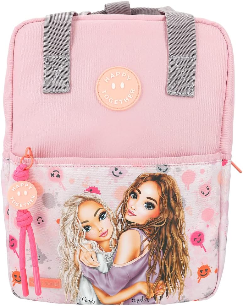 Depesche 12263 TOPModel Happy Together Backpack in Pink with Model Motif and Smiley Pattern Bag with Adjustable Shoulder Straps, multicoloured