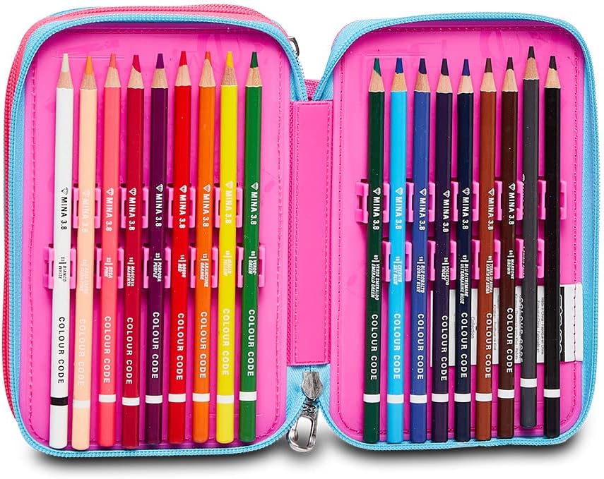 Seven Pencil Case, Multicoloured, Pencil Case for Stationery, Pencil Case with Pens, Ballpoint Pens, & More, 3 Compartments, Girls & Boys, School - Elementary School, XXL, Pink, pink, School