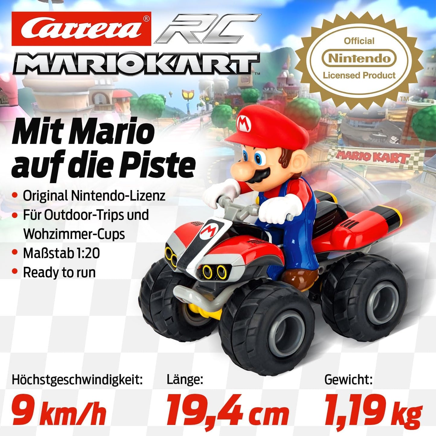 Carrera Mario Kart™, Mario Quad Remote Controlled Car, Carrera RC, Offroad Slope Action, Scale 1:20, Original Nintendo Licence, Up to 9 km/h, 30 min Driving Time, Rechargeable Battery