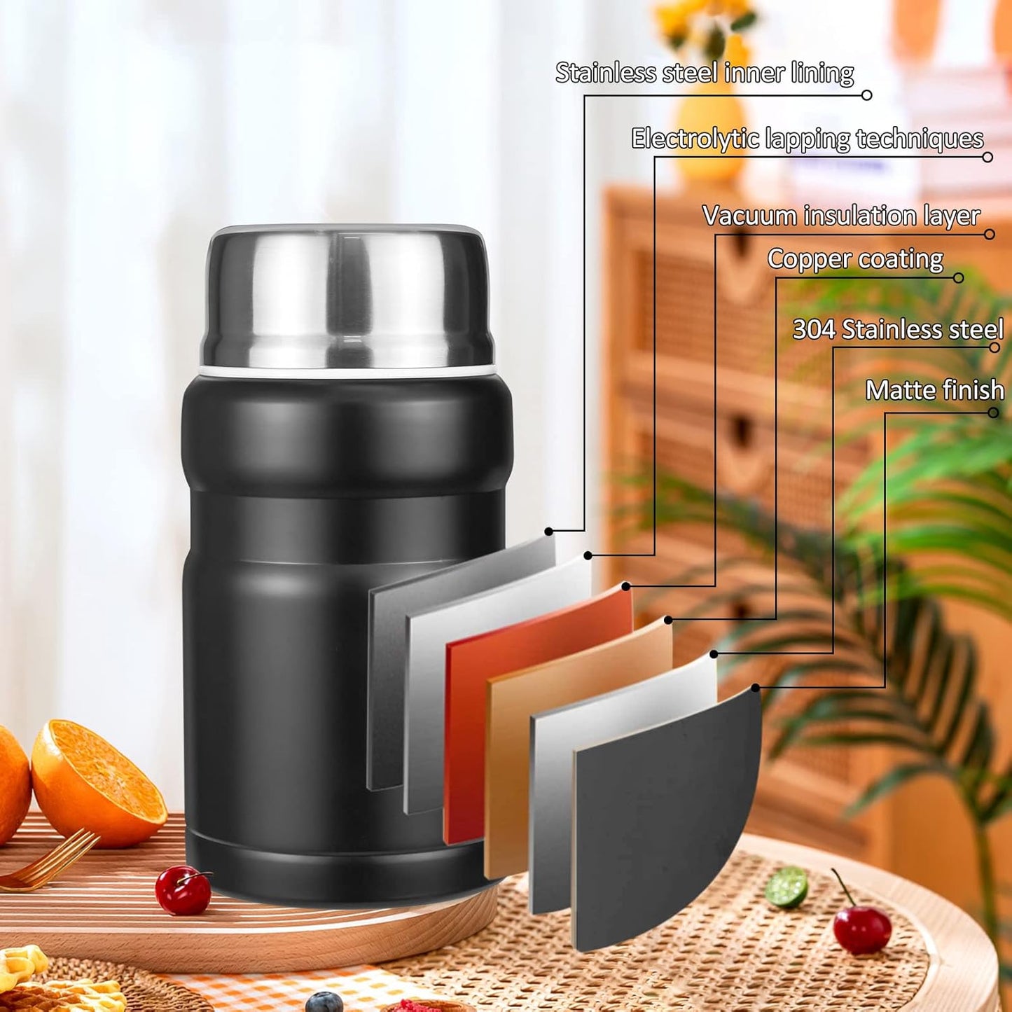 Food Bottle, 750ml Vacuum Insulated Food Thermos Flask, Stainless Steel, Double Walled, Vacuum Insulated, Leakproof Soup Bottle with Foldable Spoon and Bag, Black