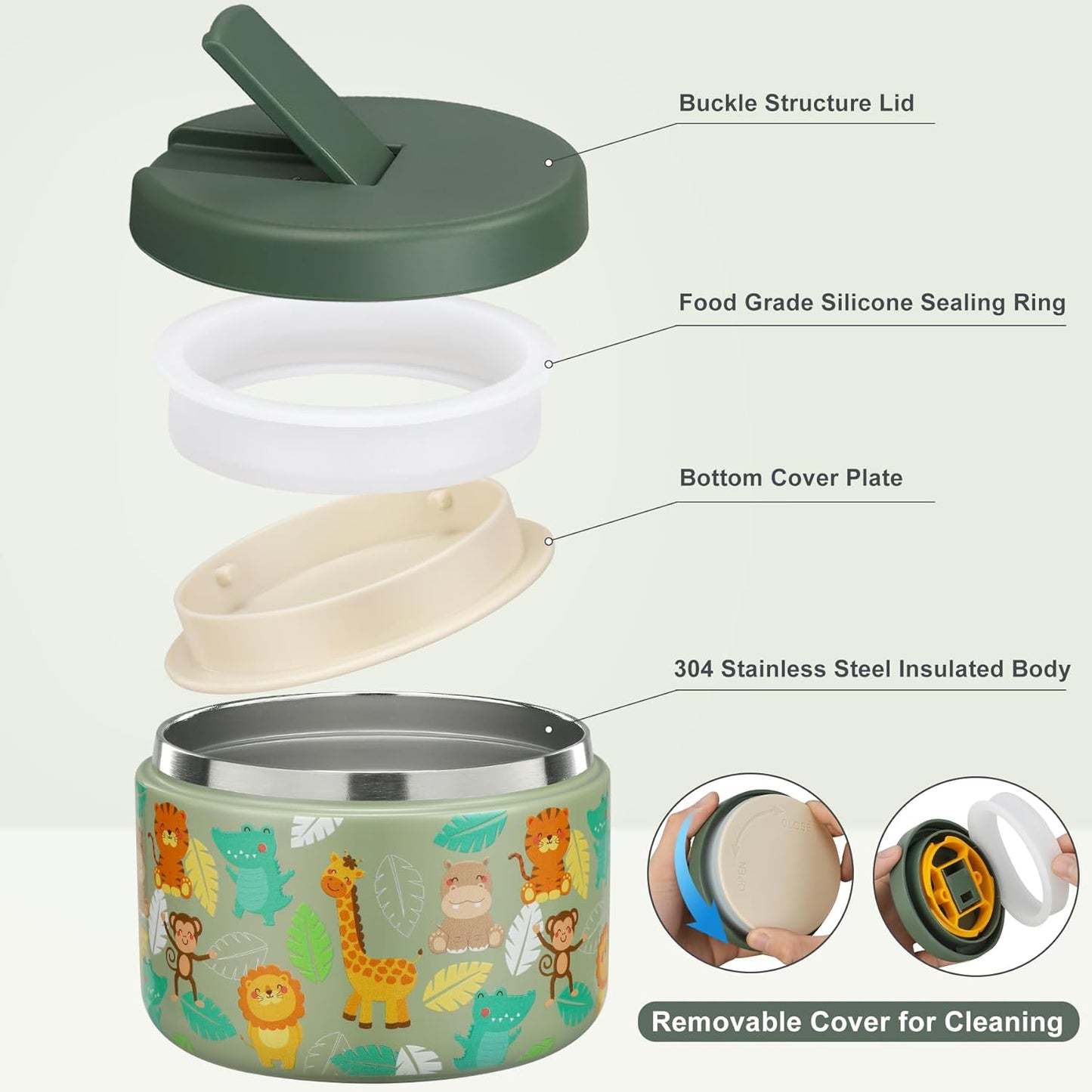 Itslife Thermal Food Container 350 ml Stainless Steel Warming Container, Children's Leak-proof Lunch Container with Buckle Cover, Wide Neck, Insulation, Suitable for Cold and Hot Food, Green Animal