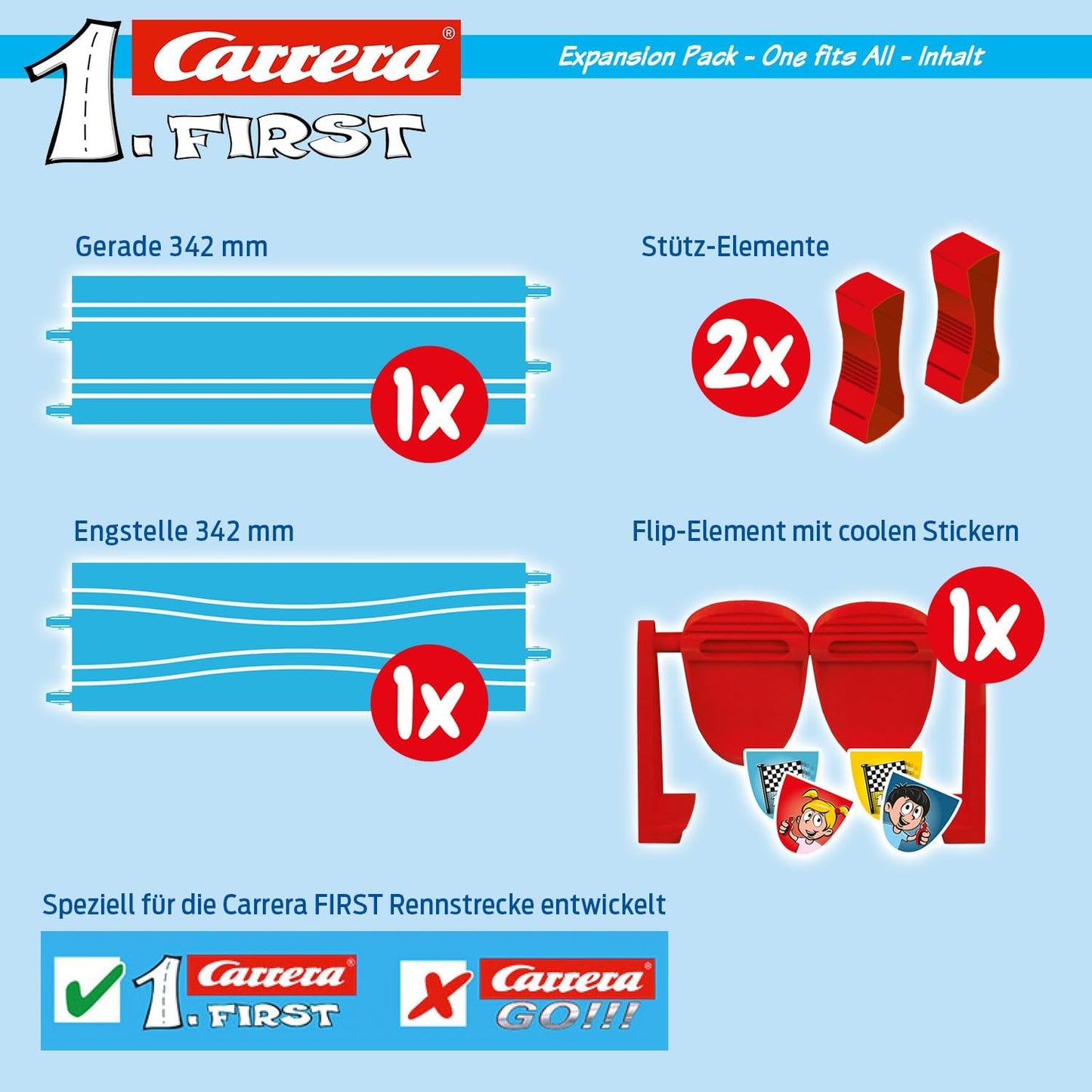 Carrera First Expansion Pack One Fits All | 5-Piece Racing Track Accessories | 1x Straight, 1x Narrow Point, 1x Flip Element Including Sticker, 2x Supports | Carrera Track Extension from 3 Years | 70