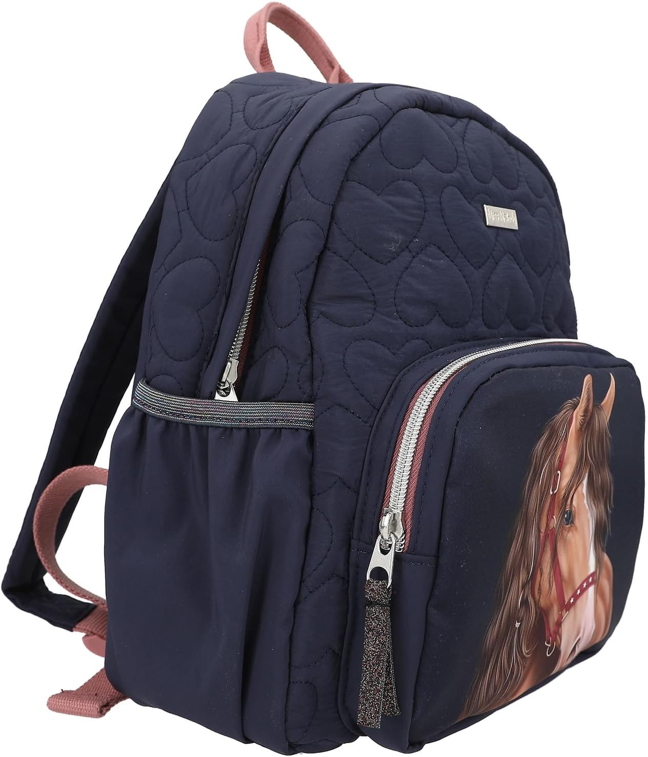 Depesche 13191 Miss Melody Glitter Horse Backpack in Dark Blue, with Horse Motif, Glitter and Heart Quilting, Bag with Adjustable Straps, Multicoloured