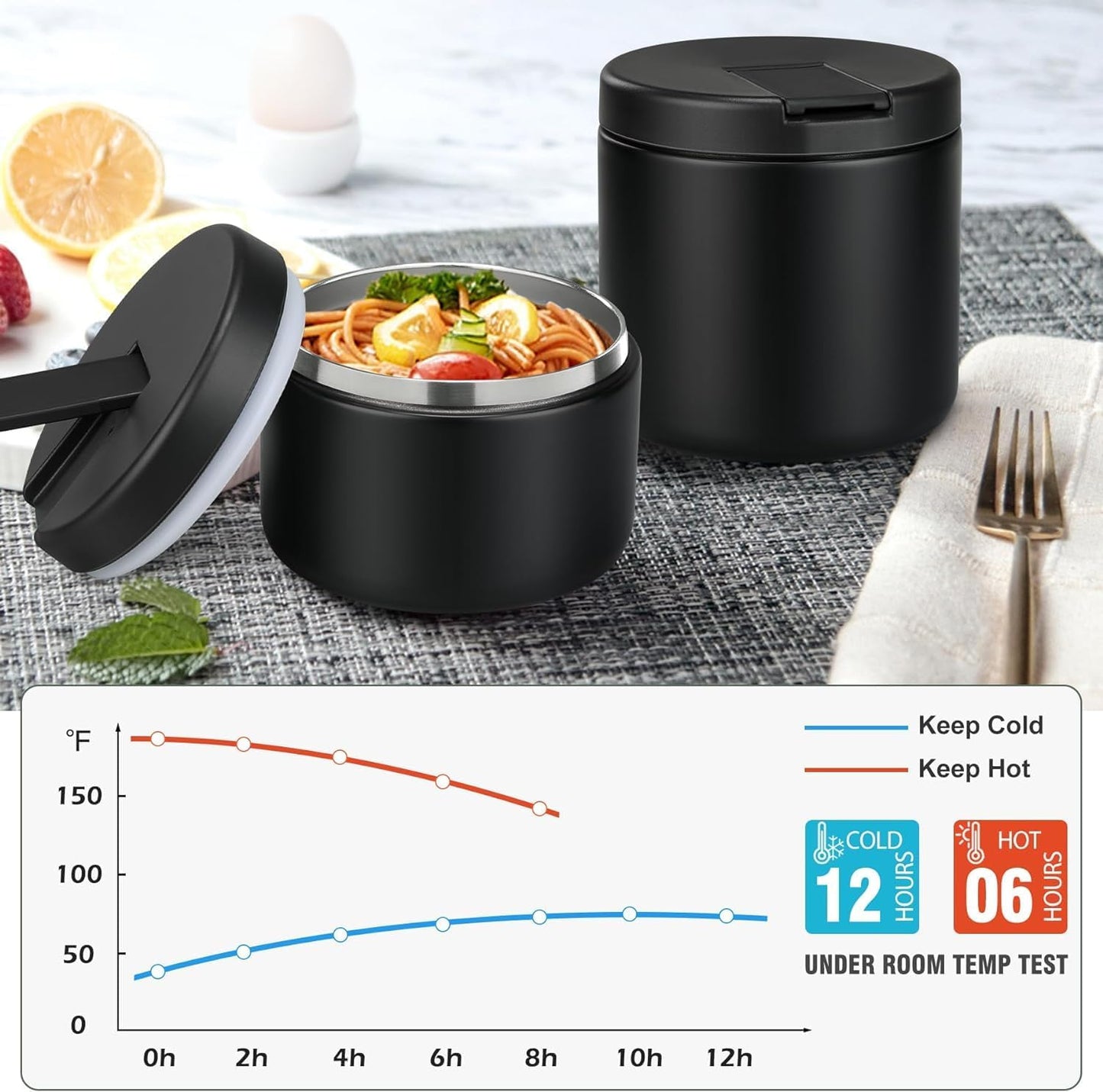 Itslife Thermal Food Container, 560 ml, Stainless Steel Warming Container, Children's Leak-proof Lunch Container with Buckle Cover, Wide Neck, Insulation, Suitable for Cold and Hot Food, Black