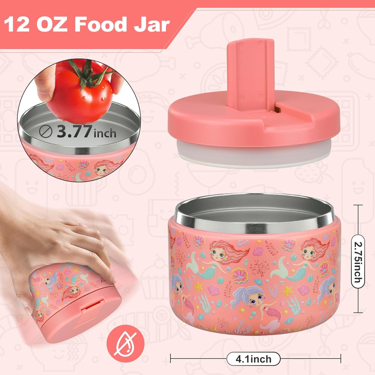 Itslife Thermal Food Container, 350 ml, Stainless Steel Warming Container, Children's Leak-proof Lunch Container with Buckle Cover, Wide Neck, Insulation, Suitable for Cold and Hot Food, Pink Mermaid