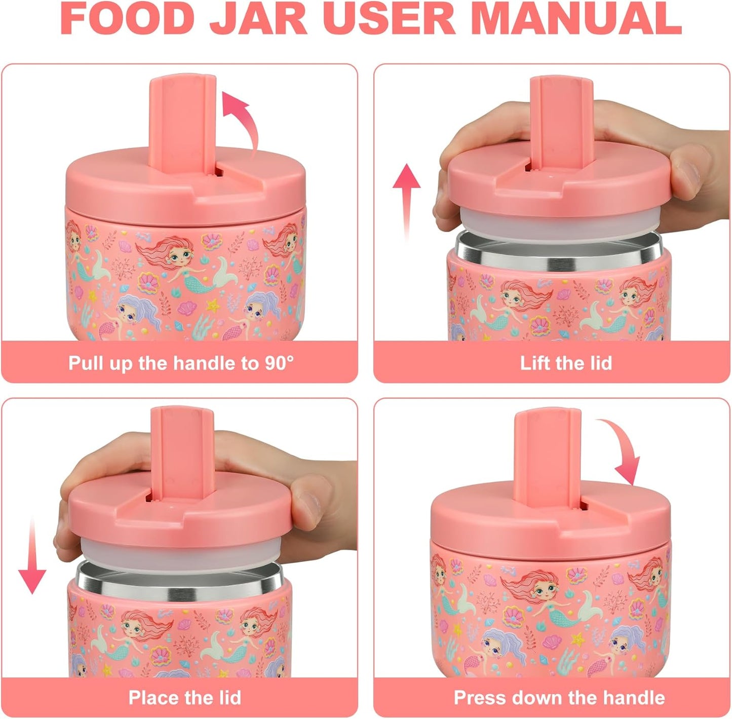 Itslife Thermal Food Container, 350 ml, Stainless Steel Warming Container, Children's Leak-proof Lunch Container with Buckle Cover, Wide Neck, Insulation, Suitable for Cold and Hot Food, Pink Mermaid