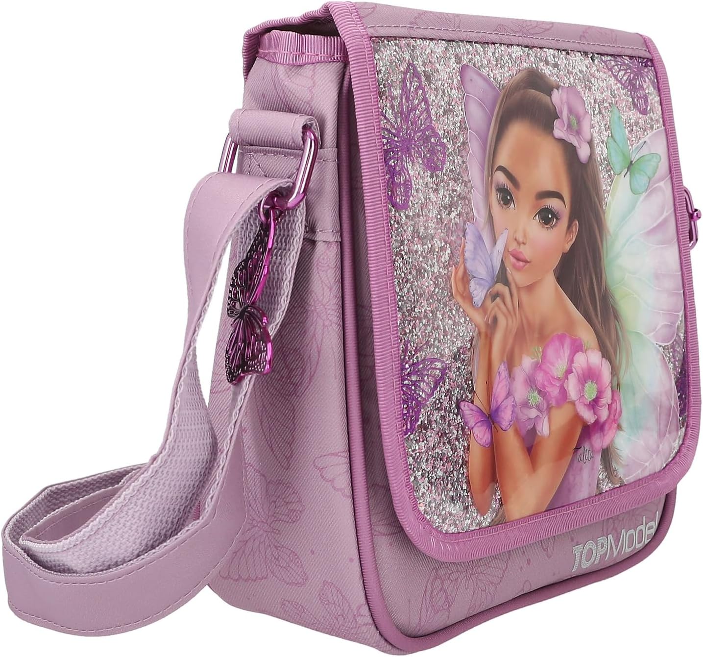 Depesche TOPModel Fairy Love 12778 Small Shoulder Bag in Mauve with Model Motif and Butterflies, Bag with Adjustable Shoulder Strap and Front Flap