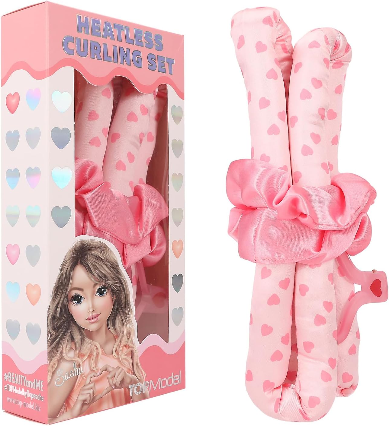 Depesche TOPModel Beauty and Me 12827 Curler Set in Pink and with Hearts Including Papilot, Hair Clip and 2 Scrunchies