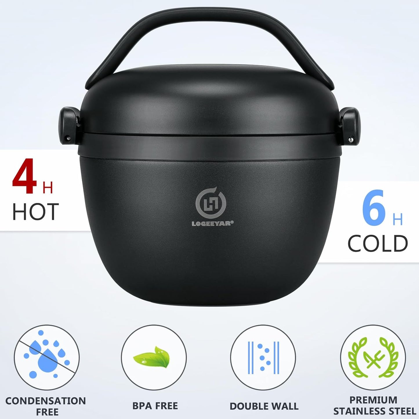 Itslife Thermal Food Container 680 ml, Stainless Steel Food Warming Container with Inner Bowl, Thermal Lunch Box for Hot Food, Soup, Food Container (Black)