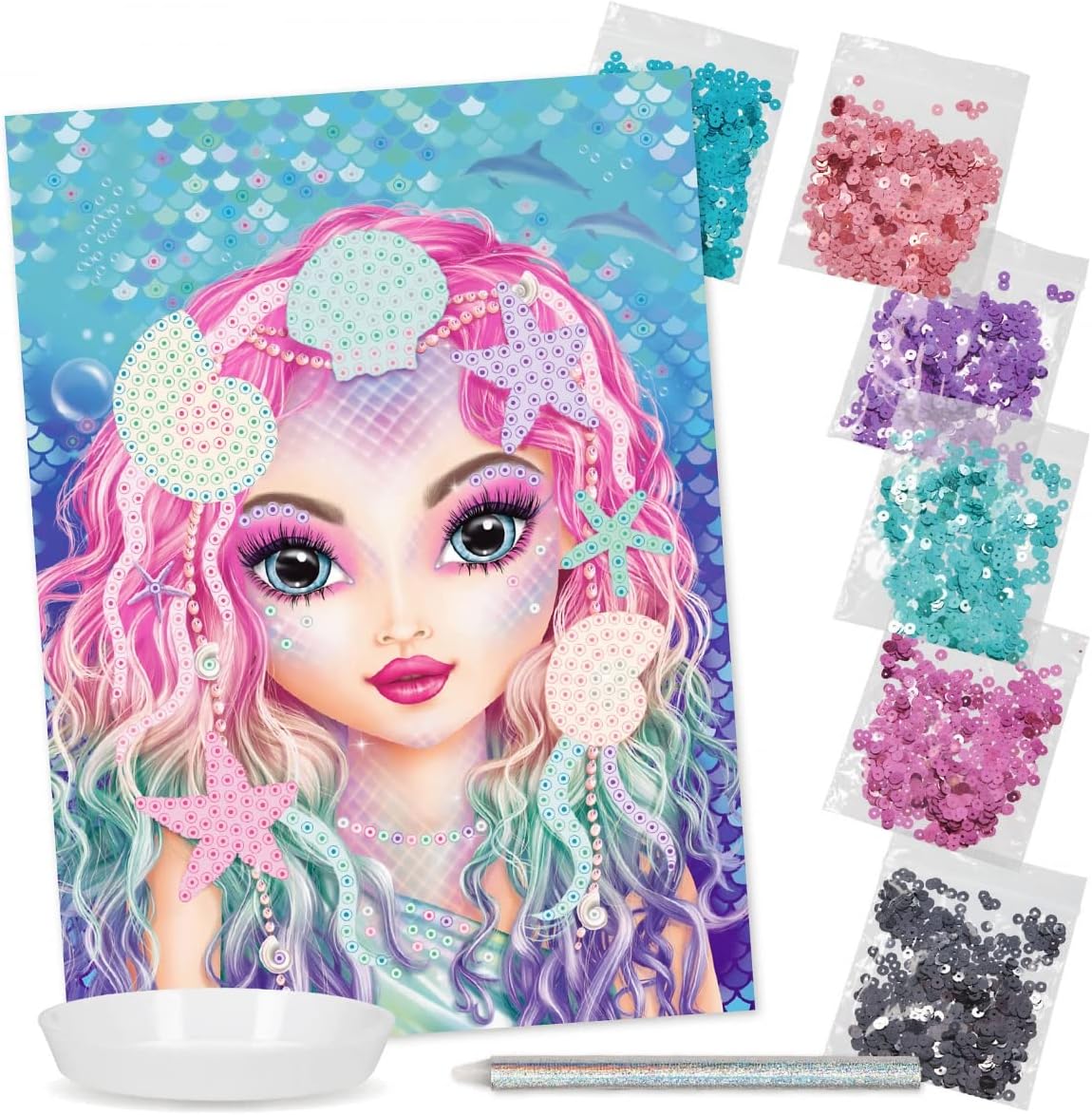 Depesche 11657 TOPModel Create Your Diamond - Image Template with Mermaid Motif to Design and Complement, Diamond Painting Set Including Glitter Stones in 6 Colours, Bowl and Applicator