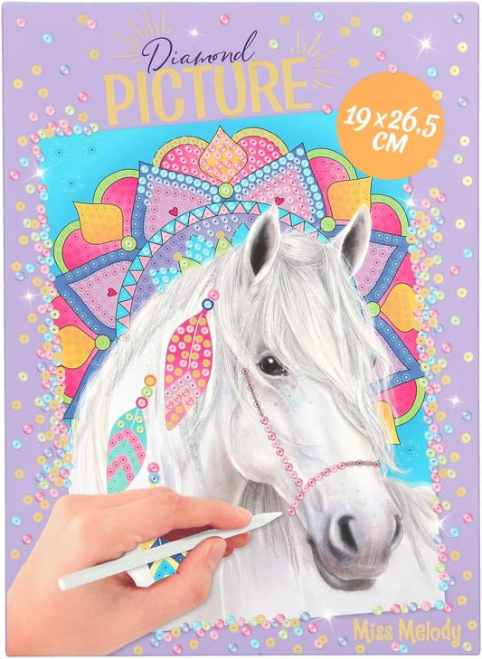 Depesche 11658 Miss Melody Create Your Diamond - Picture Template with Horse Motif and Mandala Background to Design, Diamond Painting Set Including Glitter Stones, Bowl and Applicator