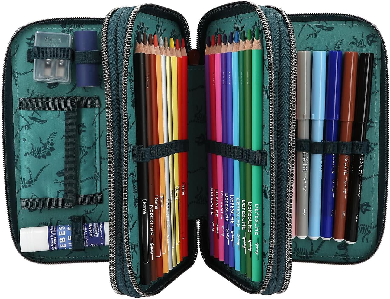 Depesche 11757 Dino World Danger-Filled 3-Compartment Pencil Case with Trex Motif, Dark Green Pencil Case with Colouring Pencils, Ruler, Scissors and Much More, Blue [Toy]