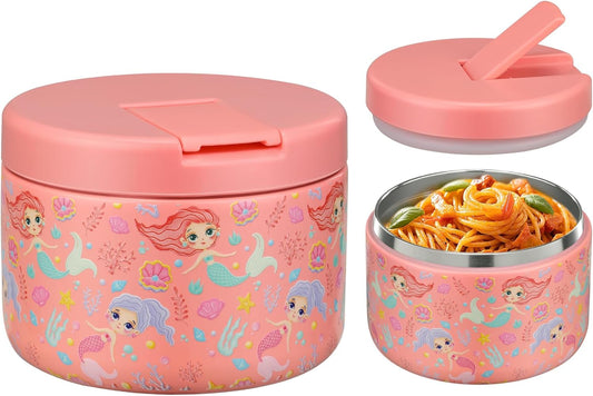 Itslife Thermal Food Container, 350 ml, Stainless Steel Warming Container, Children's Leak-proof Lunch Container with Buckle Cover, Wide Neck, Insulation, Suitable for Cold and Hot Food, Pink Mermaid