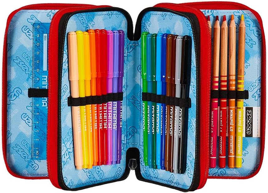 Seven Pencil Case with 3 Compartments Black 3 Compartments Complete with Pencils, Felt Tip Pens, Colours, Accessories Backpack, Primary School, Medium, Top, Kids and Boys, Black, School, black, School