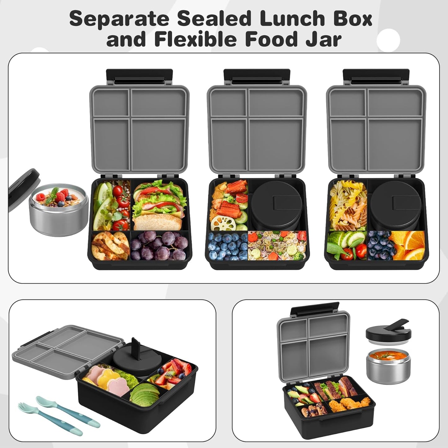 Children's Lunch Box Set with 300 ml Thermal Container for Food, Leak-Proof Lunch Box Children with 4 Compartments, Insulated Lunch Bag, BPA-Free Thermal Lunch Box Children, School, Excursions, Grey