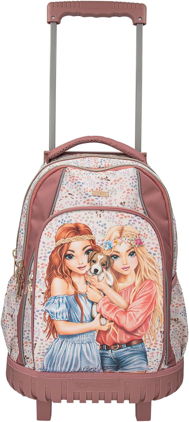 Depesche 12948 TOPModel Velo Fleur School Backpack Trolley with Model Motif and Flower Pattern, School Bag with Telescopic Handle and Wheels