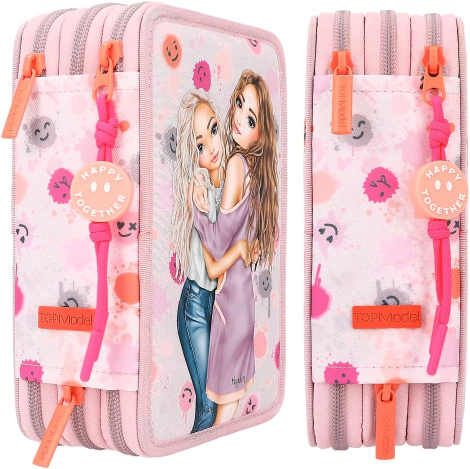 Depesche 11741 TOPModel Happy Together - Filled 3-Compartment Pencil Case with Model Motif and Smiley Pattern, Pencil Case with Colouring Pencils, Scissors, Ruler and much more, multicoloured, Modern