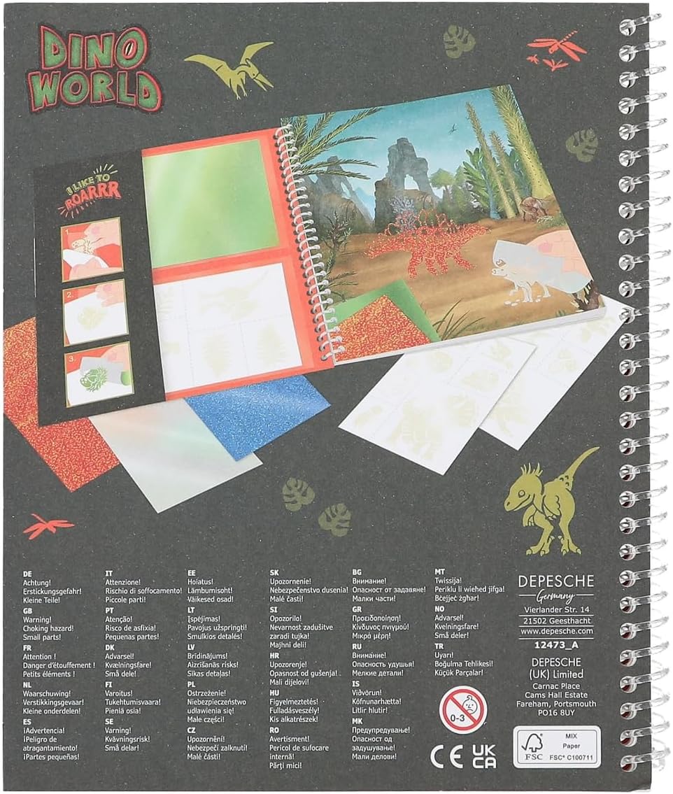 Depesche 12473 Dino World Coloring Book Stick &amp; Shine, 24 σελίδες με υπέροχα μοτίβα Dino, για χρωματισμό και σχεδιασμό