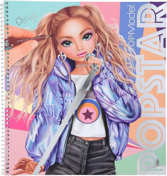 Depesche 11878 TOPModel Popstars Colouring Book with 60 Pages for Designing Trendy Outfits for Pop Singers, Spiral Book with Pre-Printed Models, 2 Sticker Sheets, 2 Stencils and 8 Fabric Patterns