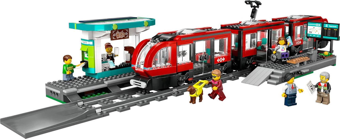 LEGO City tram with stop, gift idea for fans of vehicle toys from 7 years, with 6 mini figures and a guide dog for role play, building toy 60423