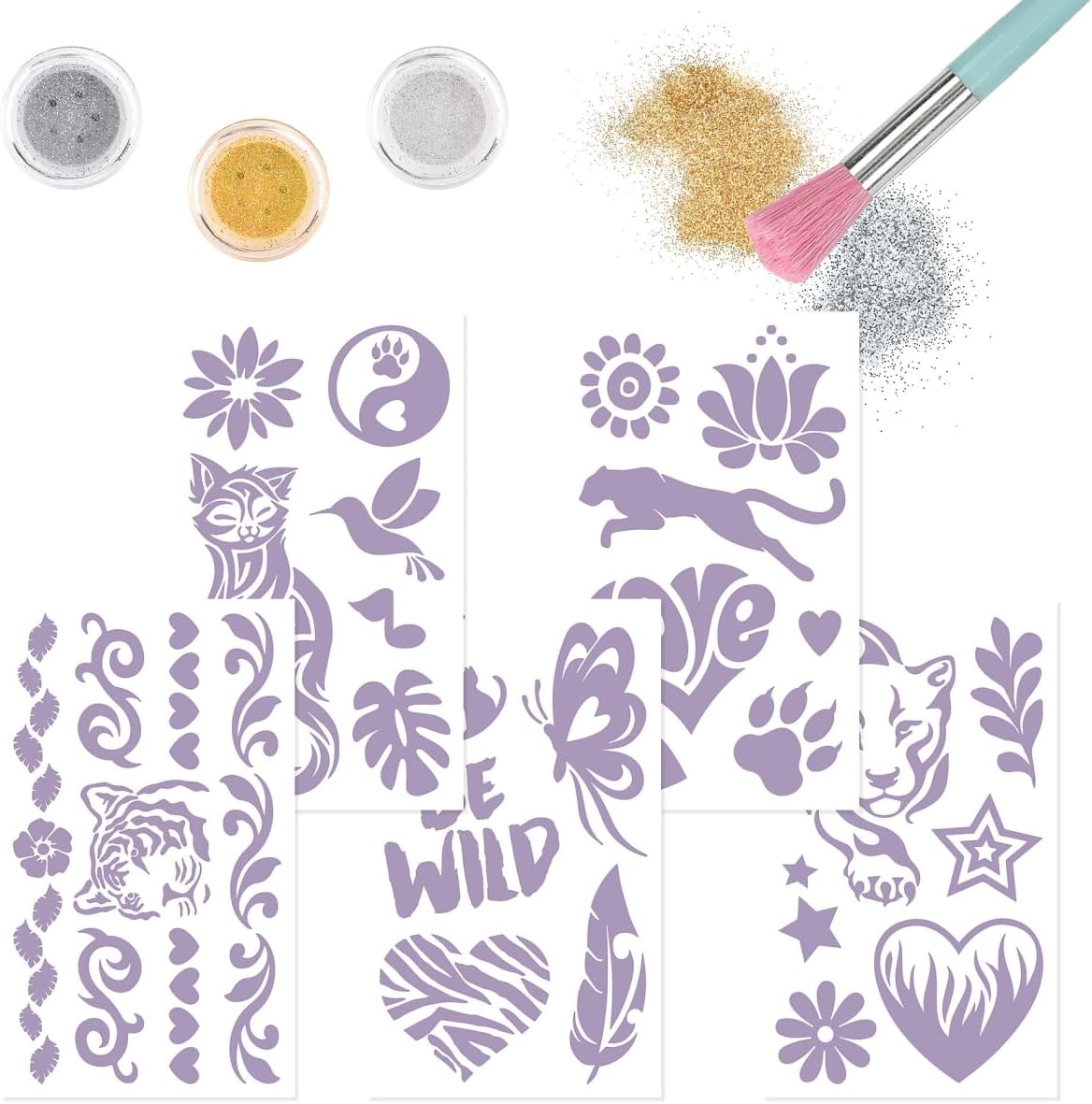 Depesche TOPModel Fantasy Tiger 12518 Glitter Tattoo Set for Children with 30 Adhesive Tattoos, 1 Brush and 3 Glitter Powders in Silver, White and Gold