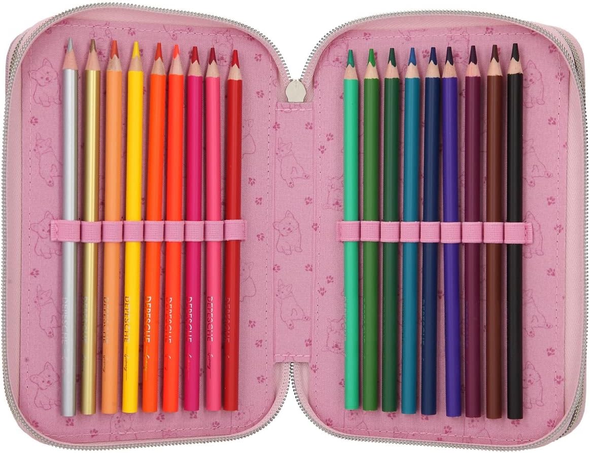 Depesche 12001 TOPModel Corgi - Filled 3-Compartment Pencil Case in Pink with Model Motif and Small Corgi, Pencil Case with Colouring Pencils, Ruler, Scissors and Much More, Pink, playful